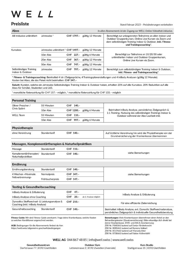 Preisliste WELL Preisliste WELL